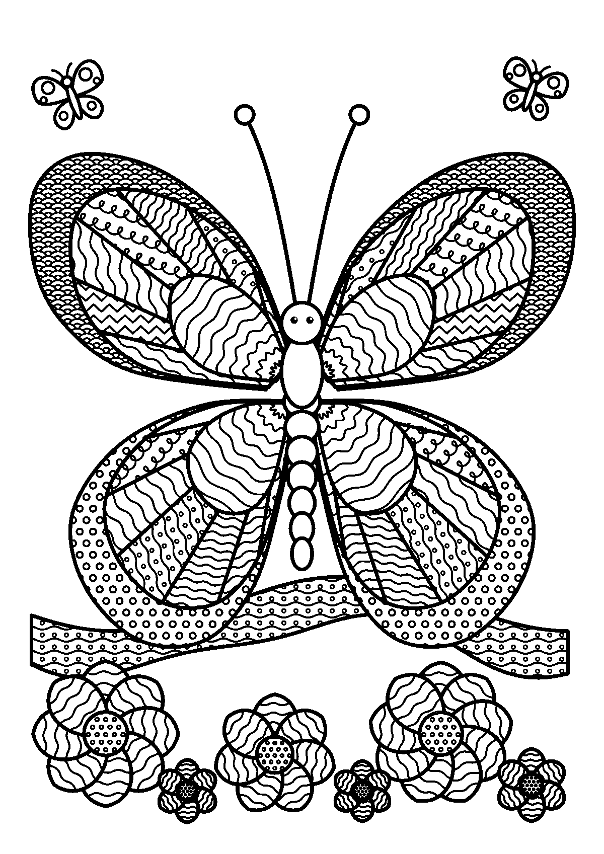 羽が波線もようの区画に分かれた大きなちょうちょと、波もようのお花の大人向けぬりえ