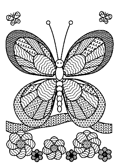 羽が波線もようの区画に分かれた大きなちょうちょと、波もようのお花の大人向けぬりえ