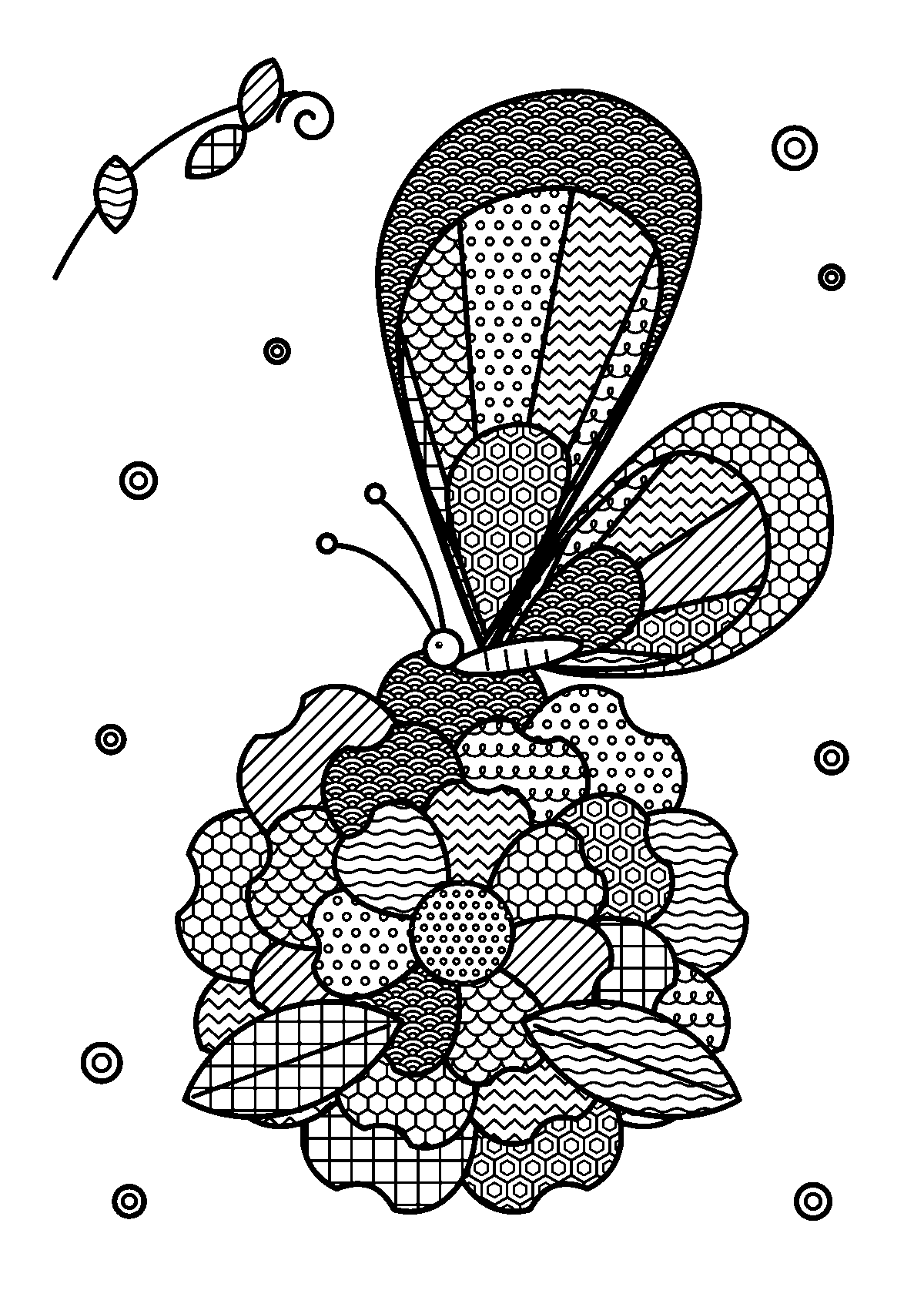 ゼンタングル風のもようでうめた、大輪の花にとまるちょうちょの大人向けぬりえ