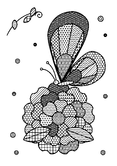 ゼンタングル風のもようでうめた、大輪の花にとまるちょうちょの大人向けぬりえ