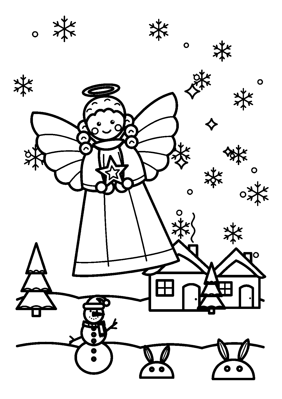 星を持って雪の村の上をとぶ天使と雪だるまのぬりえ