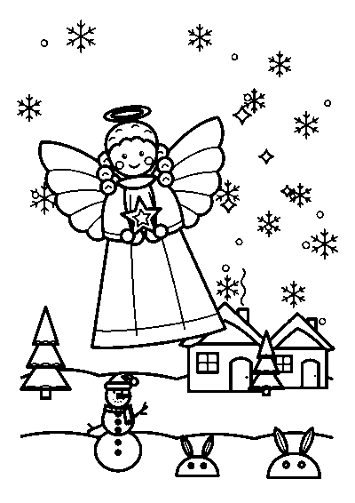 星を持って雪の村の上をとぶ天使と雪だるまのぬりえ