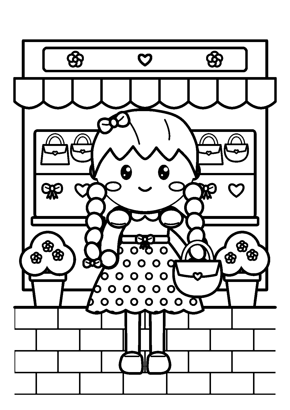 みつあみにリボンの女の子がバッグをもって雑貨屋さんの前に立つぬりえ