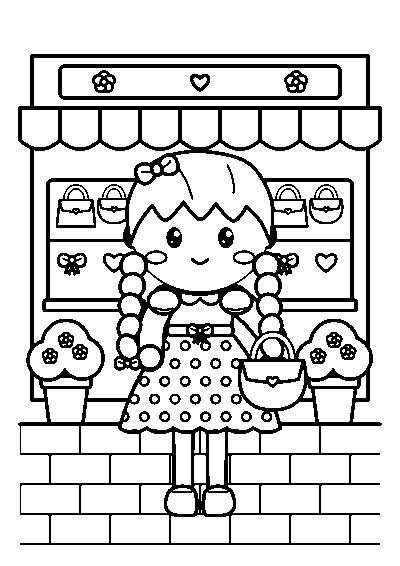 みつあみにリボンの女の子がバッグをもって雑貨屋さんの前に立つぬりえ