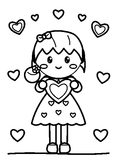 サイドのおだんごヘアの女の子が大きなハートをもち、まわりにハートがうかぶぬりえ