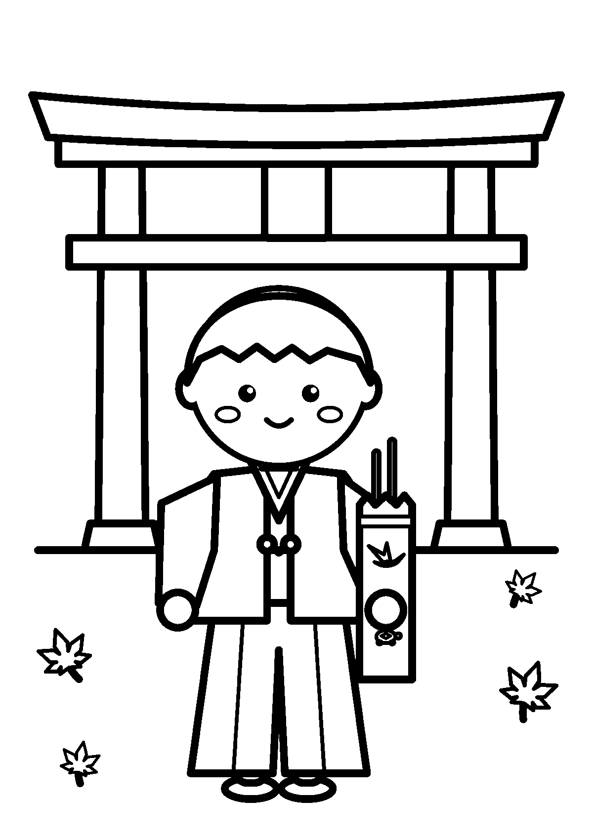 羽織はかまを着て千歳あめを持つ男の子と鳥居のぬりえ