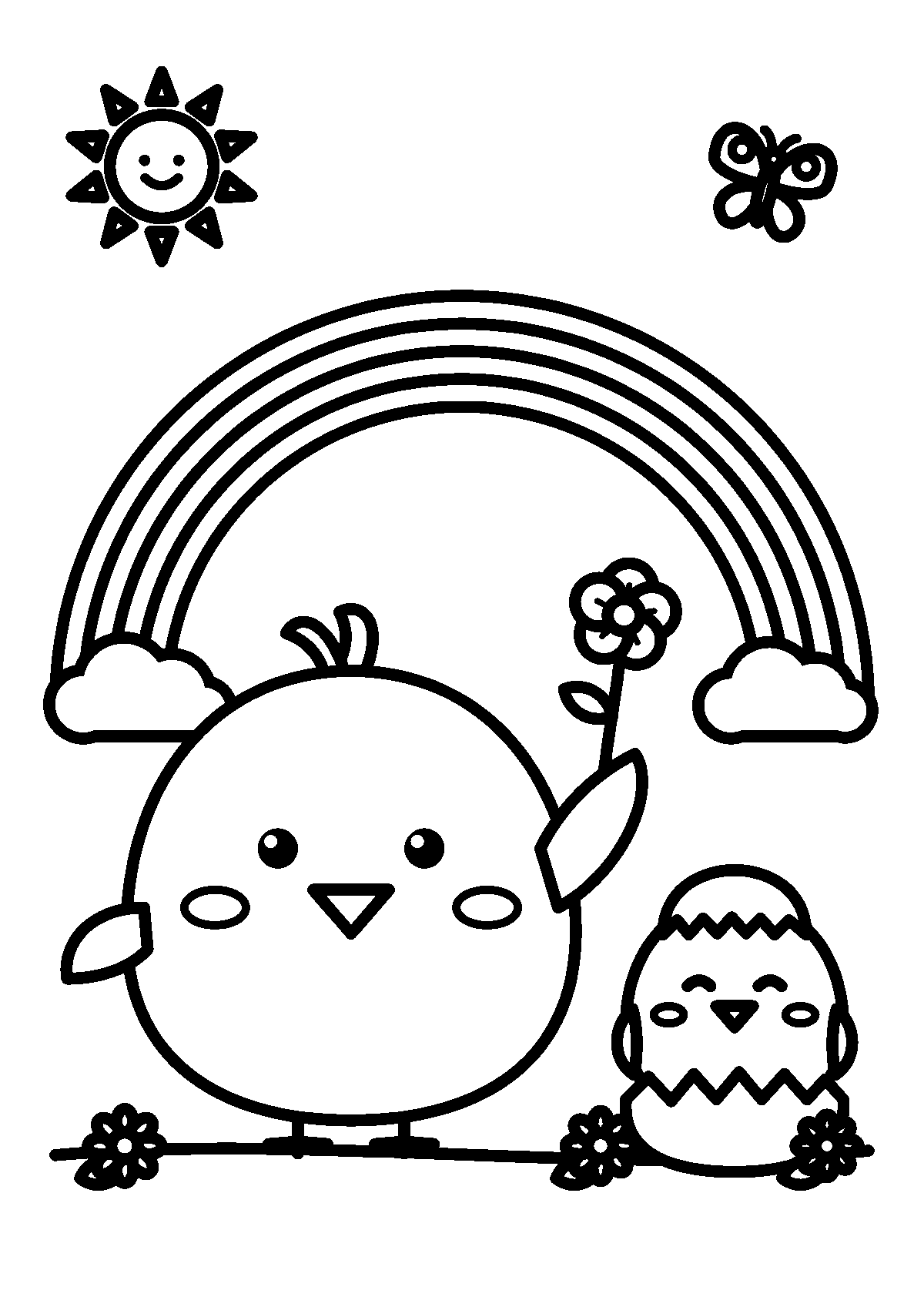 お花をもつ大きなひよこと、たまごのからの小さなひよこ、にじと太陽のぬりえ