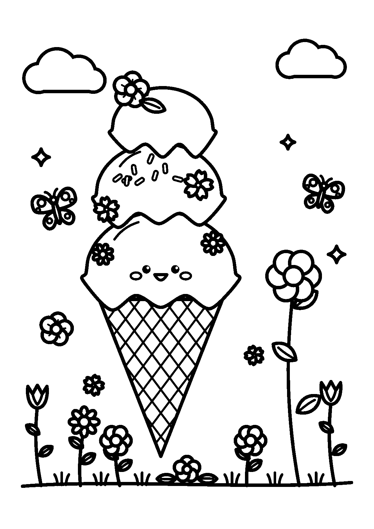 お花をかざった三段のアイスクリームコーンと、まわりのお花畑とちょうちょのぬりえ