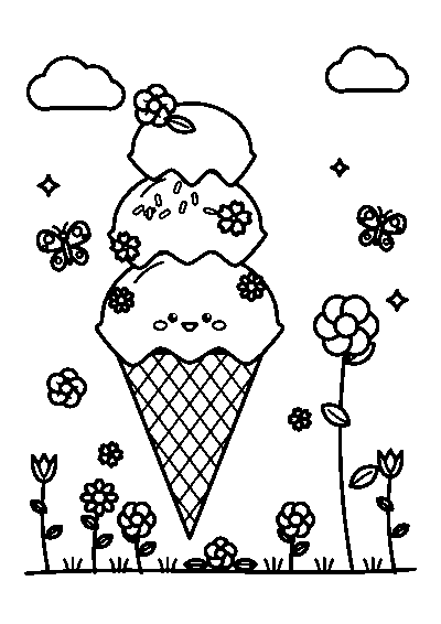 お花をかざった三段のアイスクリームコーンと、まわりのお花畑とちょうちょのぬりえ