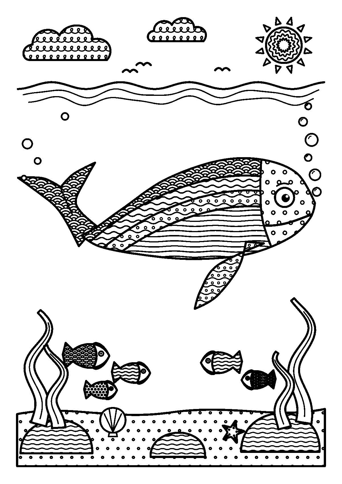 波線や青海波のもようで埋めつくされたクジラと、魚や海そうのいる海の大人向けぬりえ