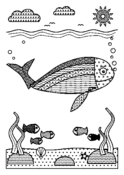 波線や青海波のもようで埋めつくされたクジラと、魚や海そうのいる海の大人向けぬりえ