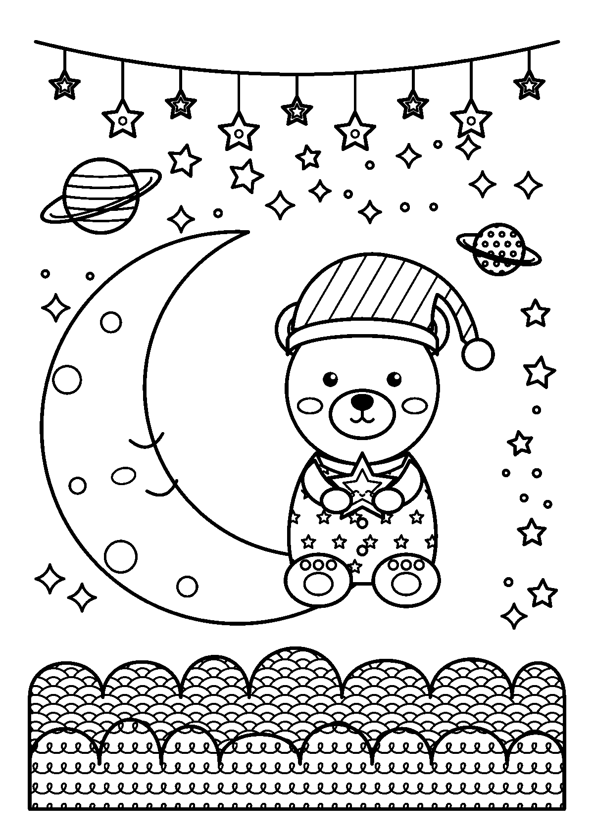 星をだいたパジャマ姿のくまの子と三日月、星のガーランドと惑星、もようの雲のぬりえ