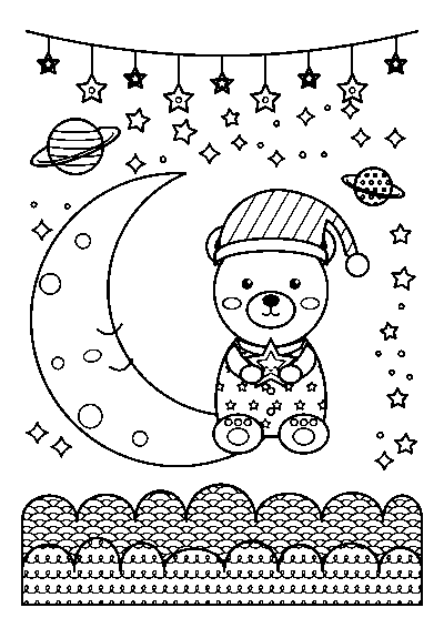 星をだいたパジャマ姿のくまの子と三日月、星のガーランドと惑星、もようの雲のぬりえ