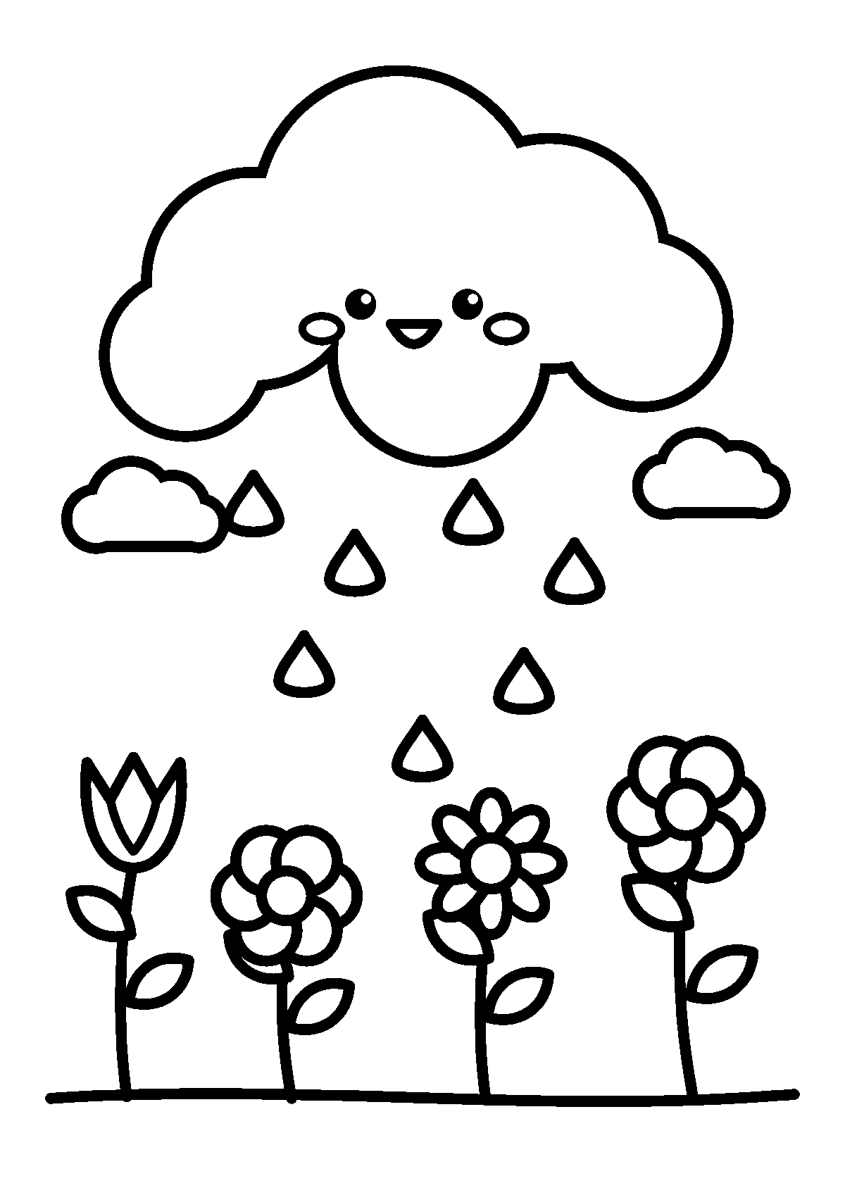 雨をふらせる笑顔の大きな雲と、地面にさくお花のぬりえ