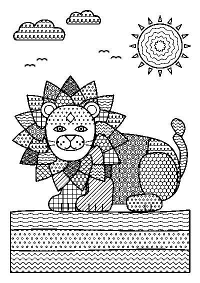 ゼンタングル風のもようでうめつくされた、ねそべるライオンと太陽の大人向けぬりえ