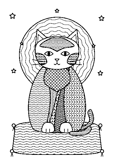 満月を背にざぶとんにすわる、波線もようの帯でうめたねこの大人向けぬりえ