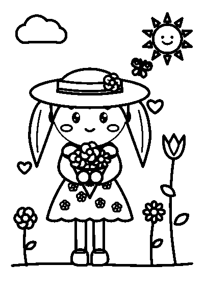 お花のぼうしをかぶり花束をもつワンピースの女の子と、まわりのお花のぬりえ
