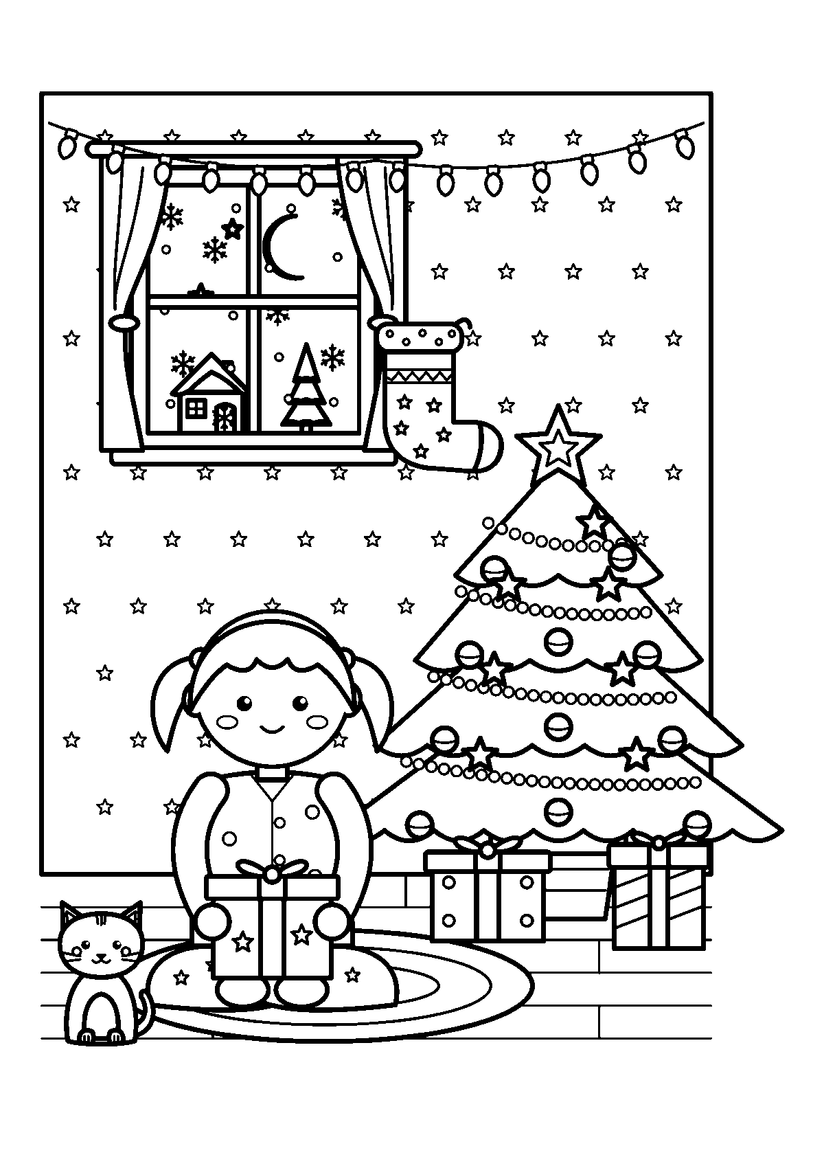 クリスマスツリーのそばでプレゼントをだいて座る女の子とねこのぬりえ