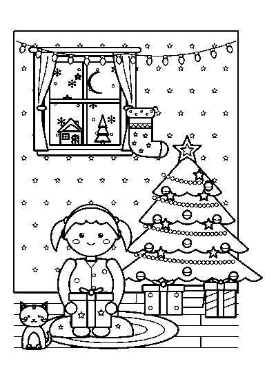 クリスマスツリーのそばでプレゼントをだいて座る女の子とねこのぬりえ