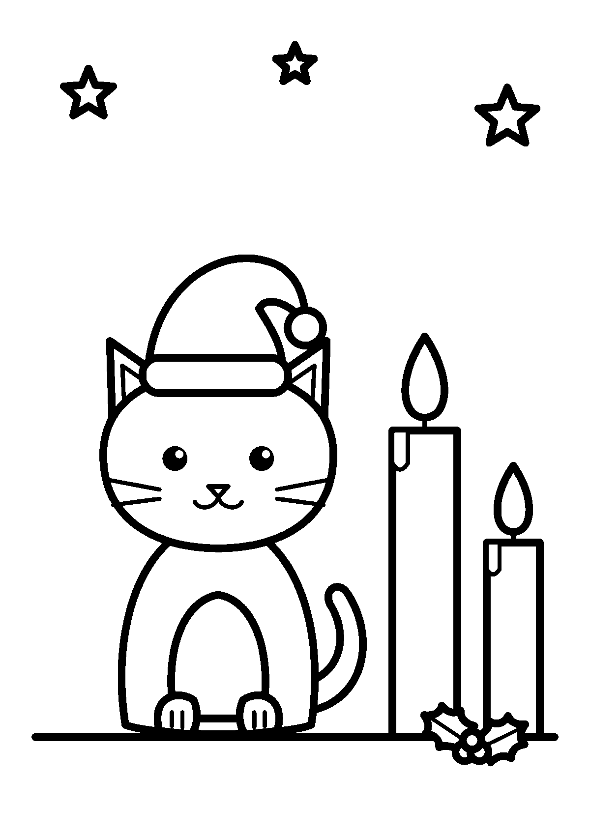 サンタのぼうしをかぶったねことキャンドル、ひいらぎのぬりえ