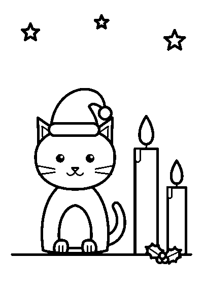 サンタのぼうしをかぶったねことキャンドル、ひいらぎのぬりえ