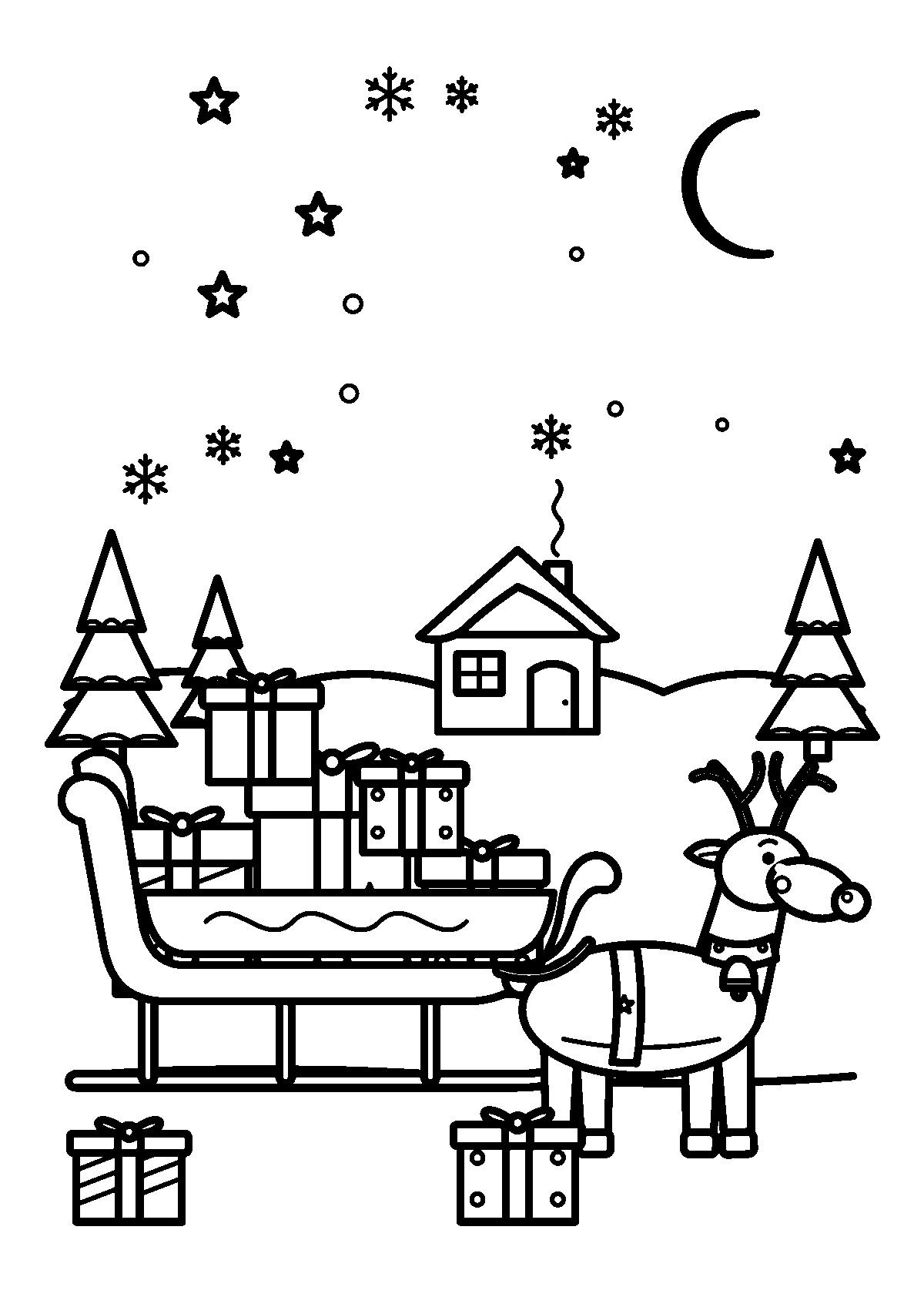 プレゼントをつんだそりとトナカイ、雪の家と三日月のぬりえ