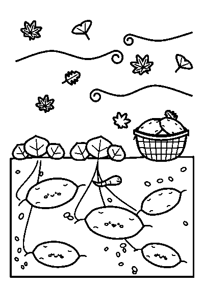 土の中の笑顔のさつまいもと、かごいっぱいのおいも、秋風に舞う葉っぱのぬりえ