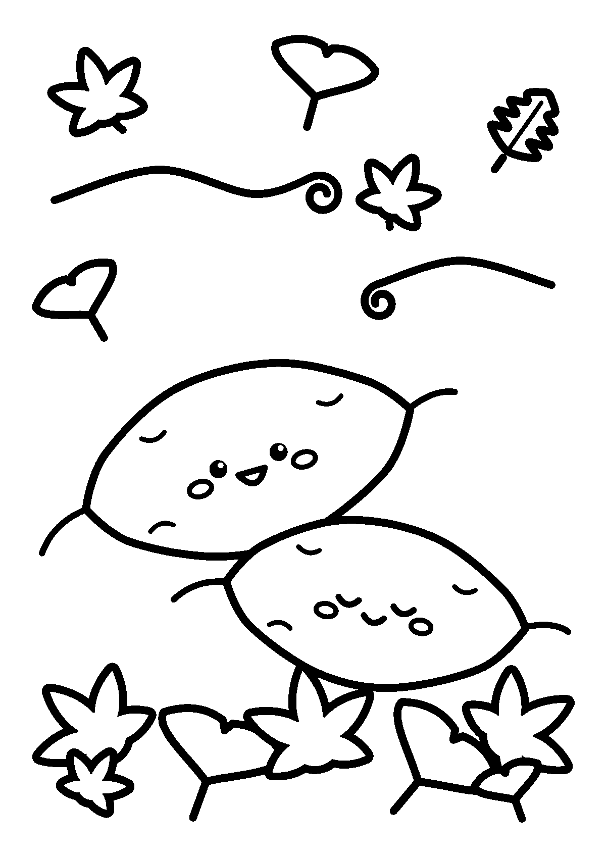 落ち葉の山の上にならぶ笑顔のさつまいも二本と、風に舞う葉っぱのぬりえ