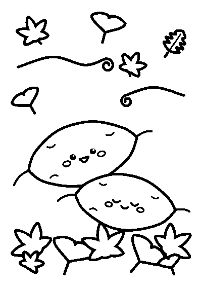 落ち葉の山の上にならぶ笑顔のさつまいも二本と、風に舞う葉っぱのぬりえ