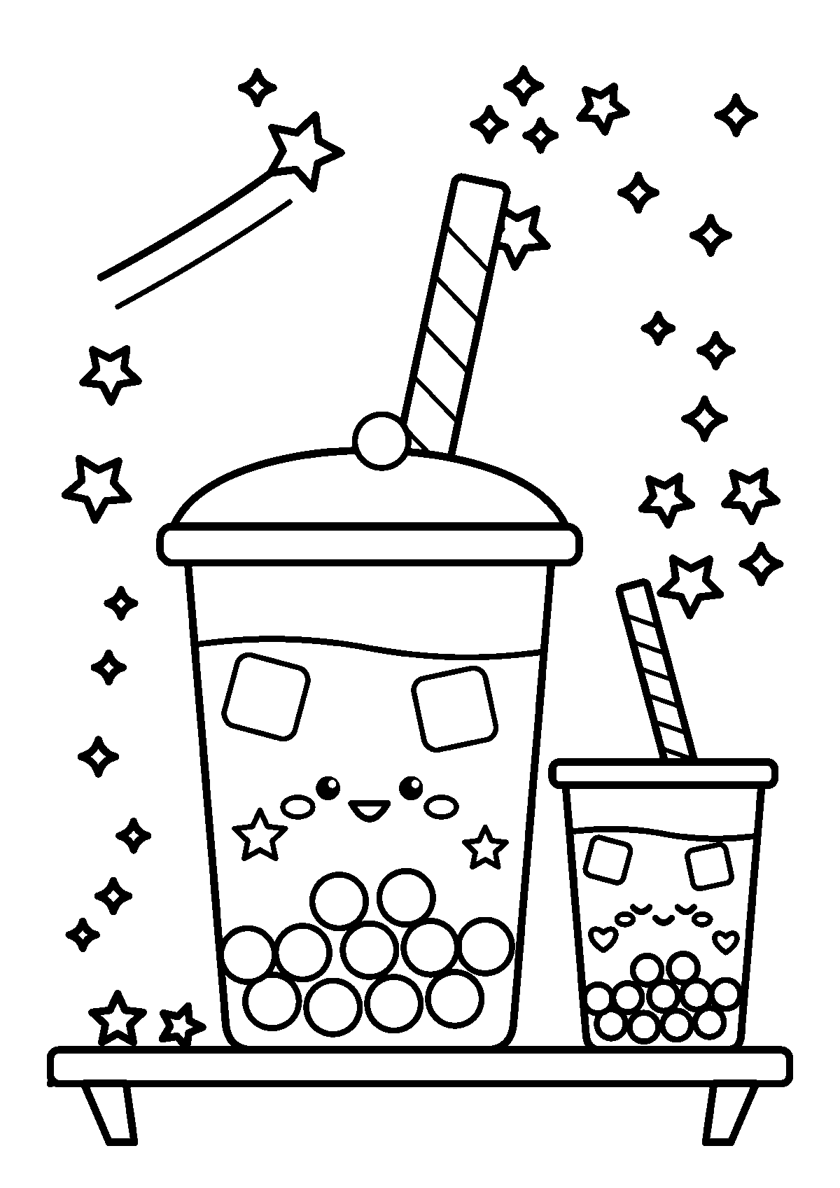 笑顔の大きなタピオカドリンクと小さなドリンク、まわりの星と流れ星のぬりえ