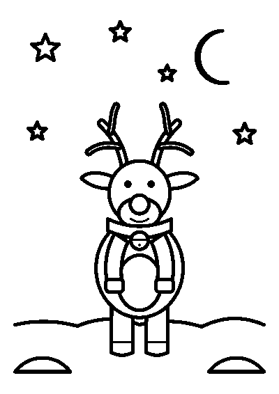 雪の丘に立つトナカイと三日月と星のぬりえ
