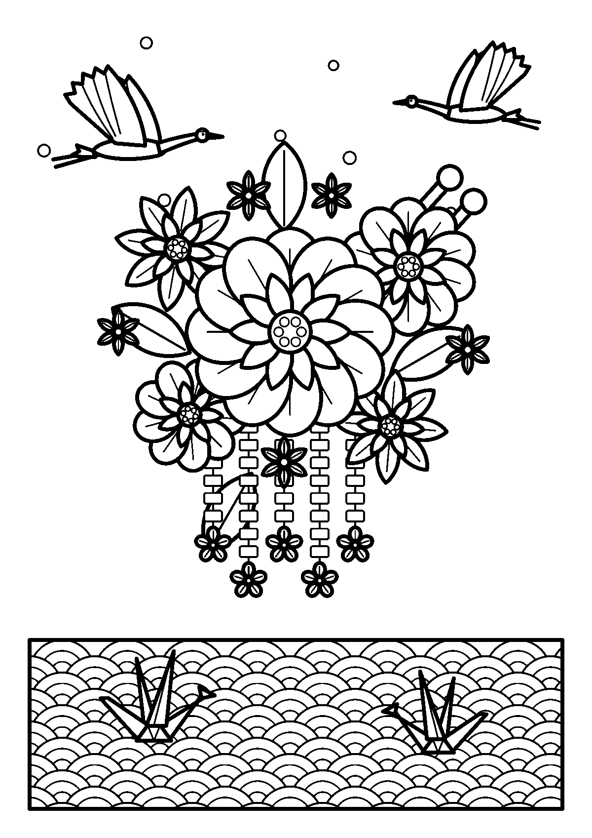 つまみかんざしの花とびらびらかざり、鶴と青海波のぬりえ