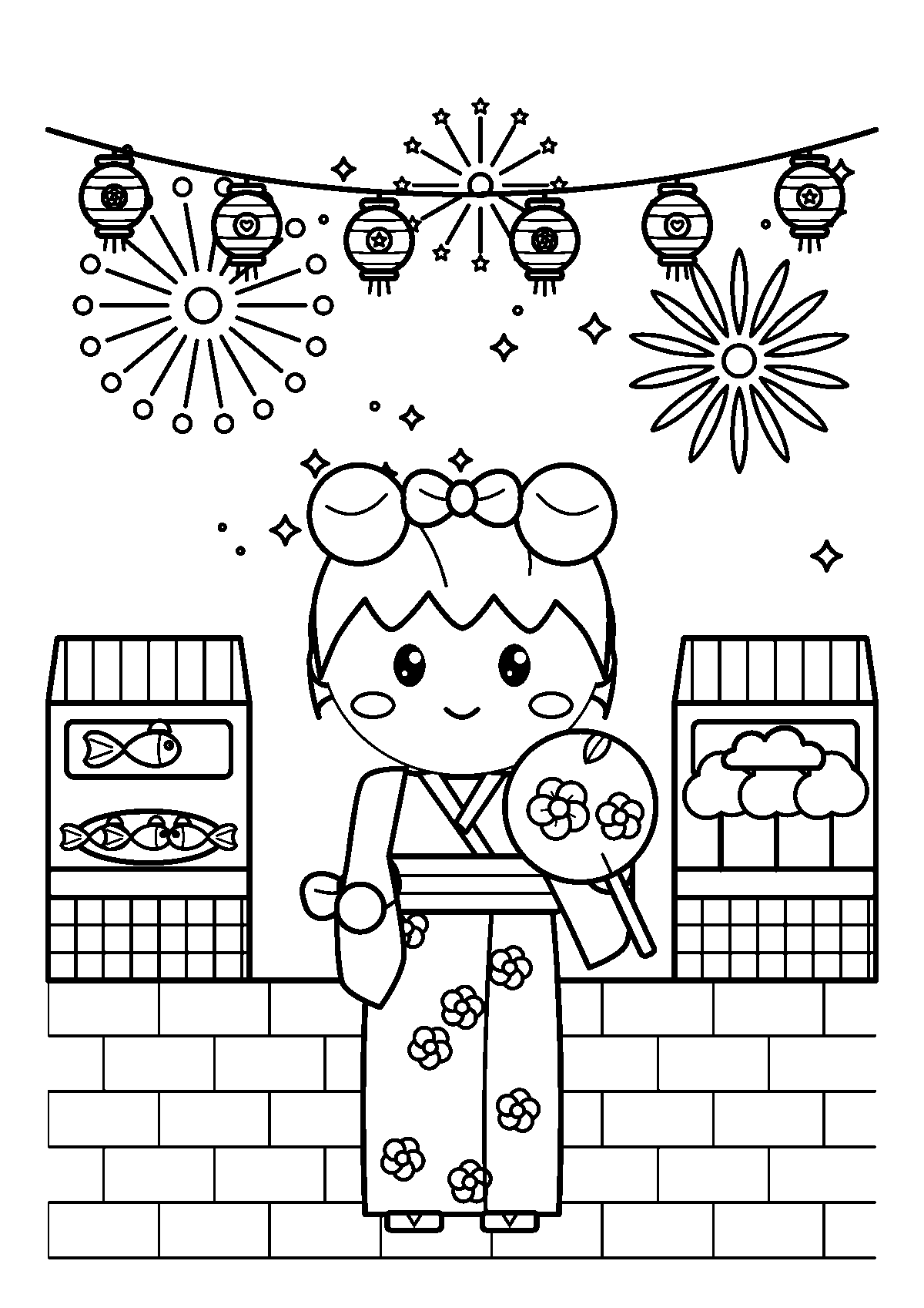 ゆかたを着たリボンの女の子と、ちょうちん、花火、夏祭りの屋台のぬりえ
