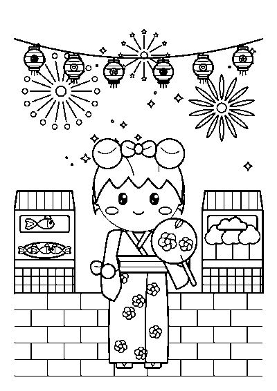 ゆかたを着たリボンの女の子と、ちょうちん、花火、夏祭りの屋台のぬりえ