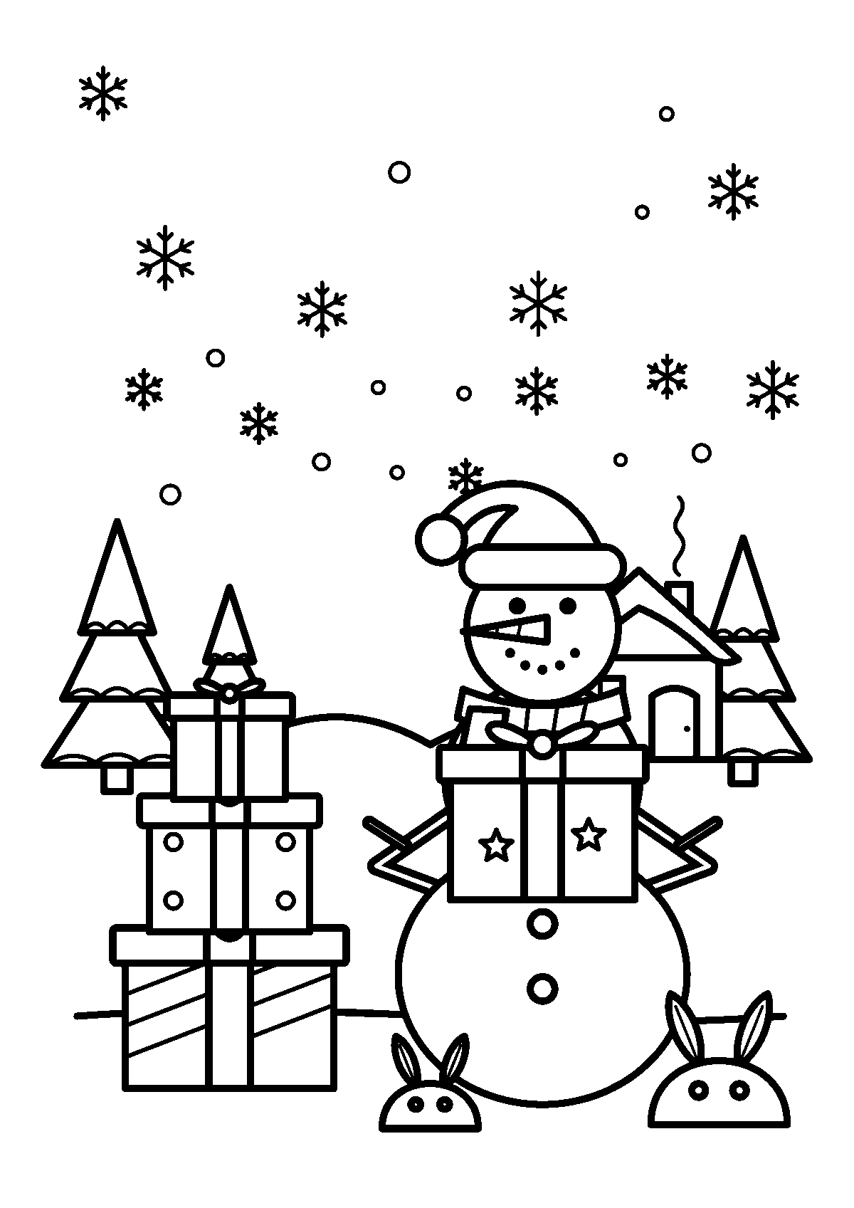 プレゼントをかかえる雪だるまと、つみかさなったプレゼントと雪うさぎのぬりえ